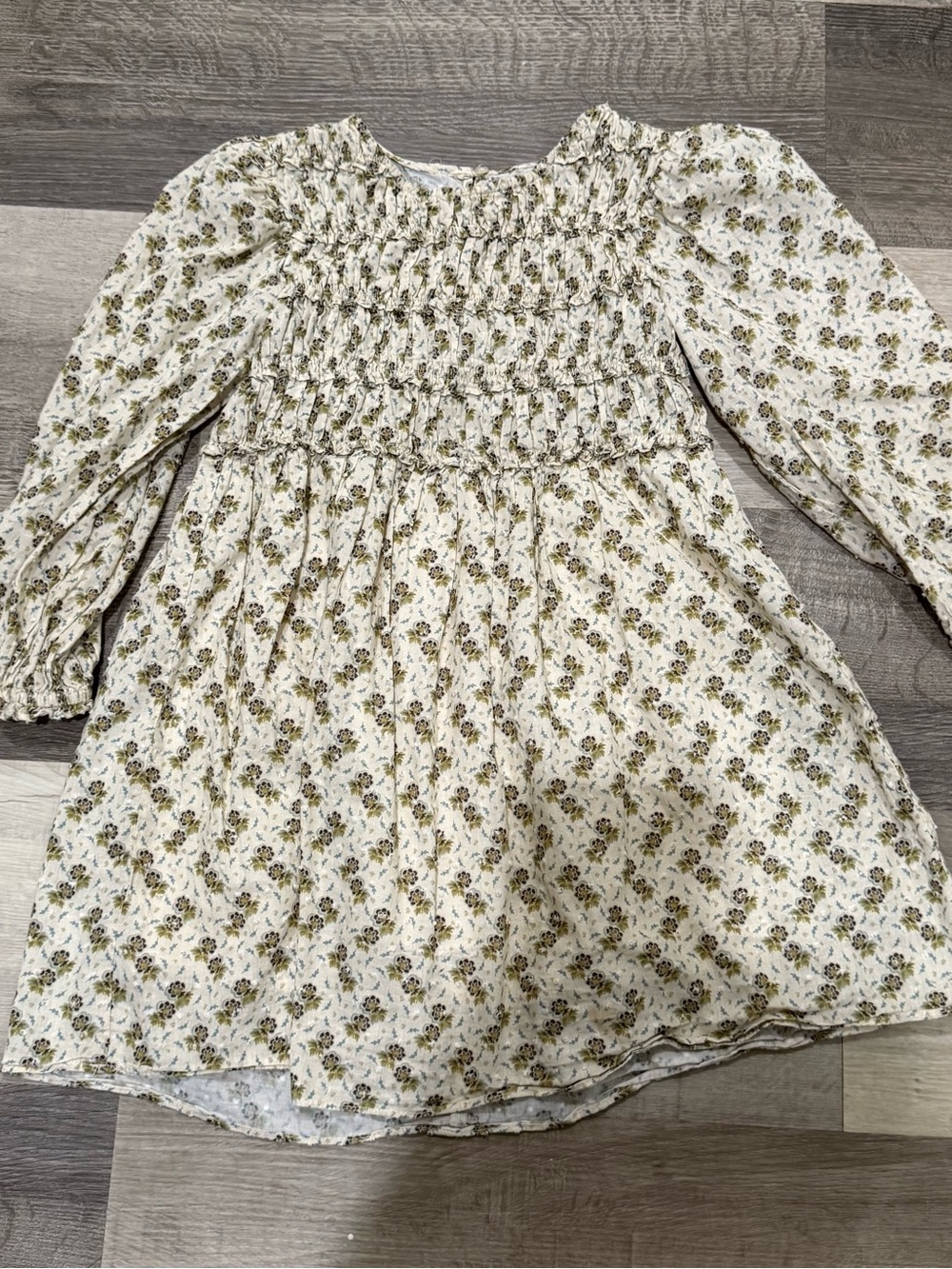 ZARA Girls Cream Floral Smocked Dress with Olive Print